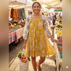 Sz XS Daily Practice ANTHROPOLOGIE MOLLIE Yellow Cream Print Open Back Dress
